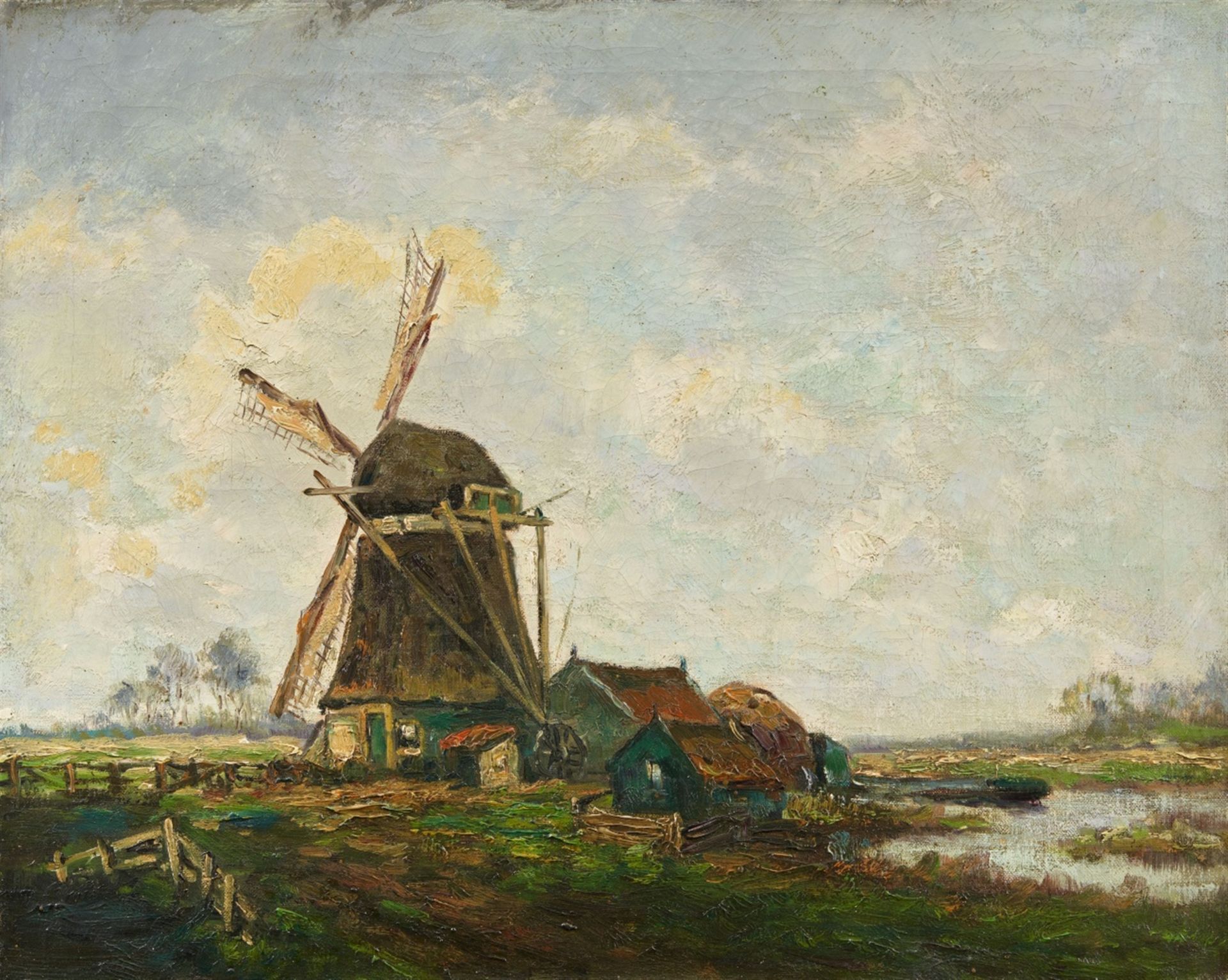 Paul Baum, Windmühle und Katen an einem Flusslauf