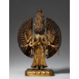 Große und feinst gearbeitete Figur des Avalokiteshvara Ekadashamukha. Bronze, vergoldet. Tibetochine