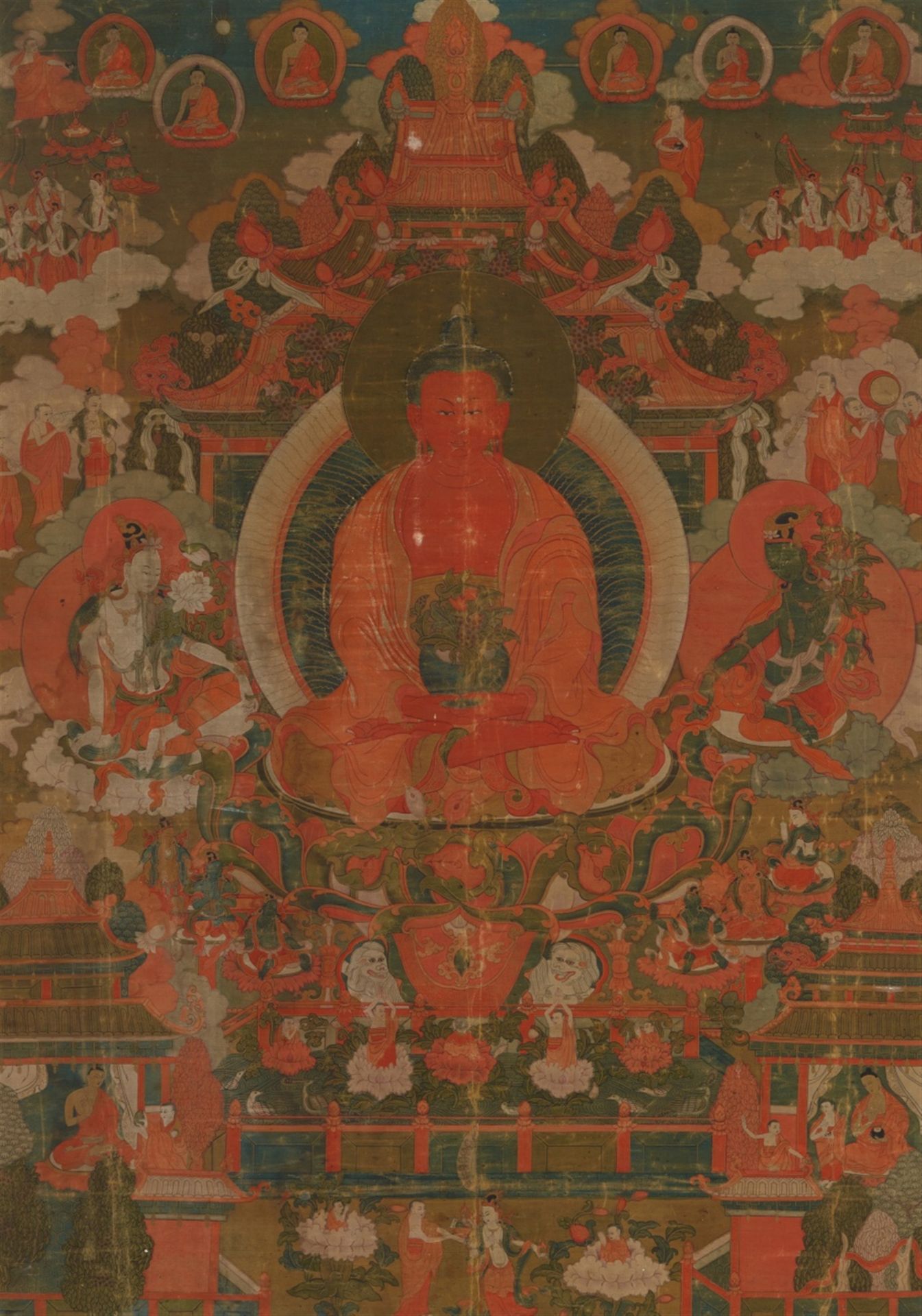 A Tibetan thangka of Amithaba in Sukhavati Heaven. 19th century