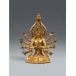 Zwölfarmige und vierköpfige Guanyin. Bronze, feuervergoldet. 17./18. Jh.