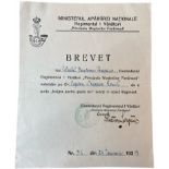 Awarding Document for the Badge of the 1st Riflemen Regiment â€œPrince Ferdinandâ€