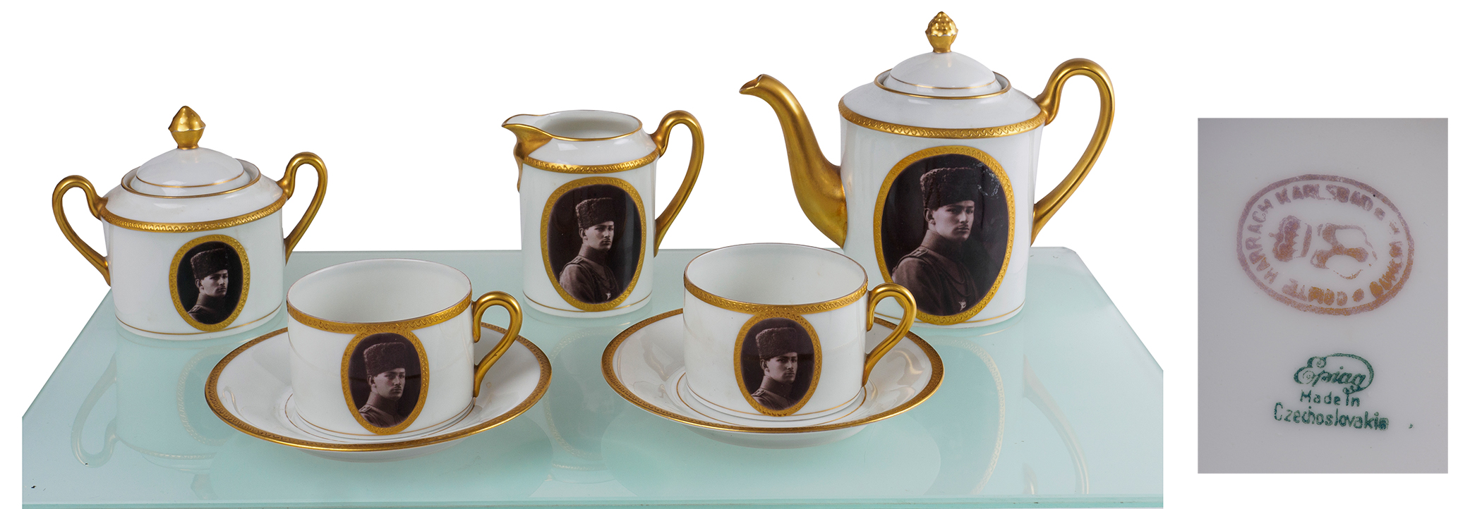 A Bohemian porcelain coffee service for two, with the portrait of Prince Åžehzade Ã–mer Faruk