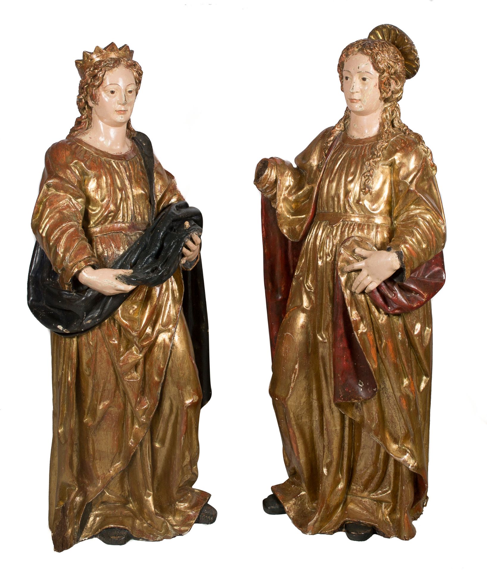 "Saints". Pair of large, carved, polychromed and gilded wooden sculptures. Colonial School. Peru. - Bild 4 aus 8