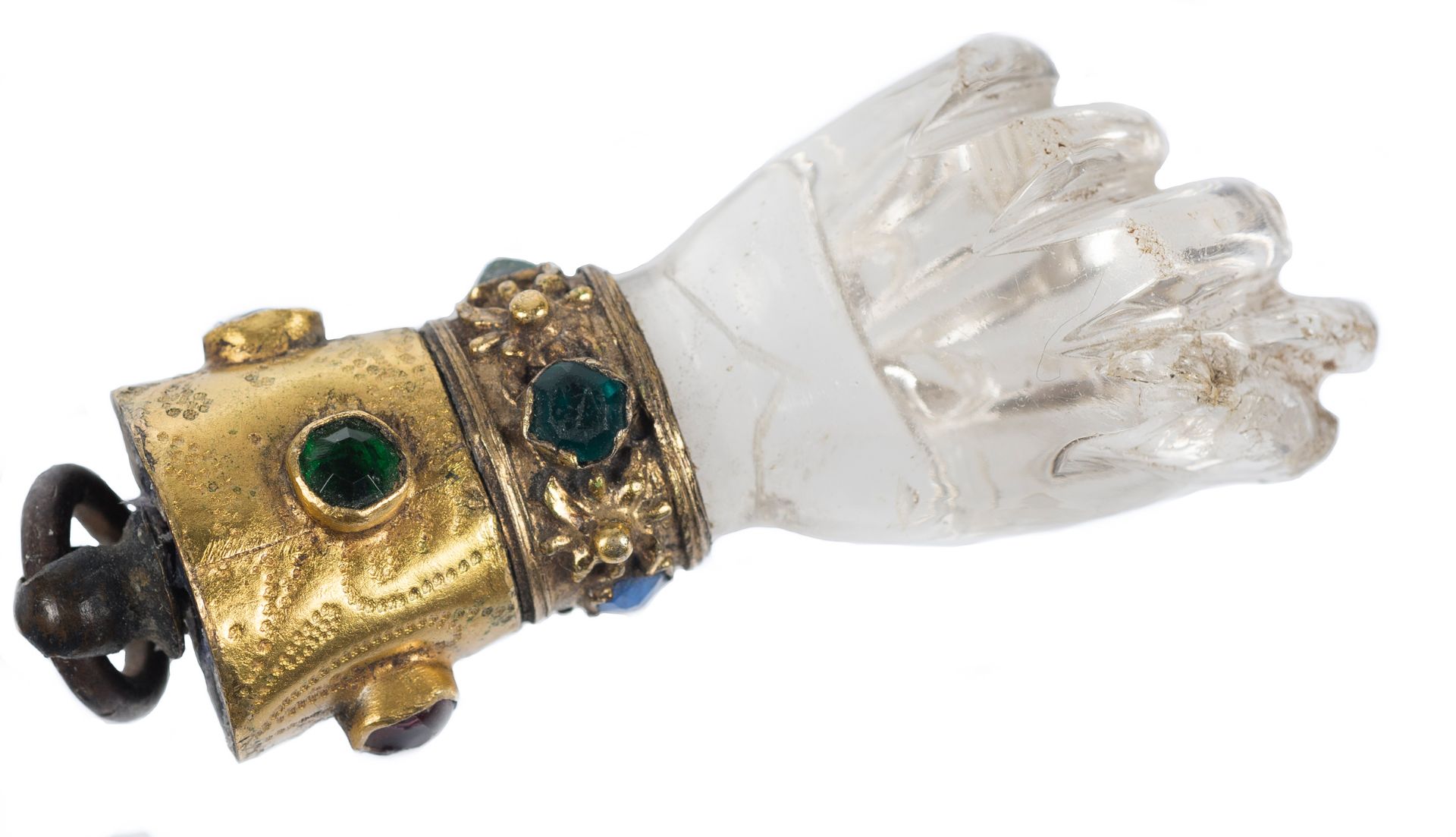 Rock crystal and gilded copper figa with precious stone cabochons. Gothic. 15th century.