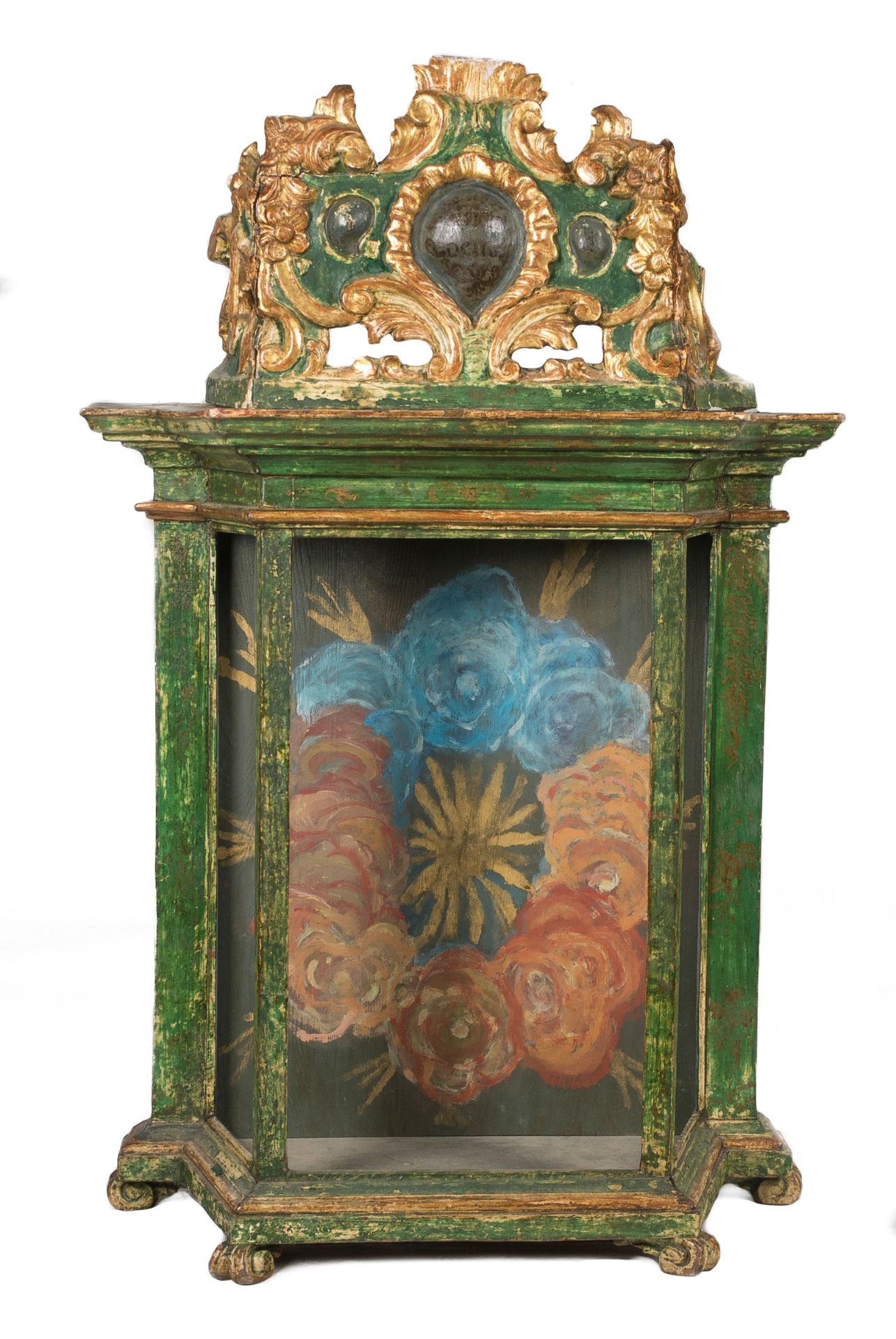 Pair of carved, polychromed and gilded wooden niches. Baroque. Late 17th century. 88 x 55 x 23 cm.