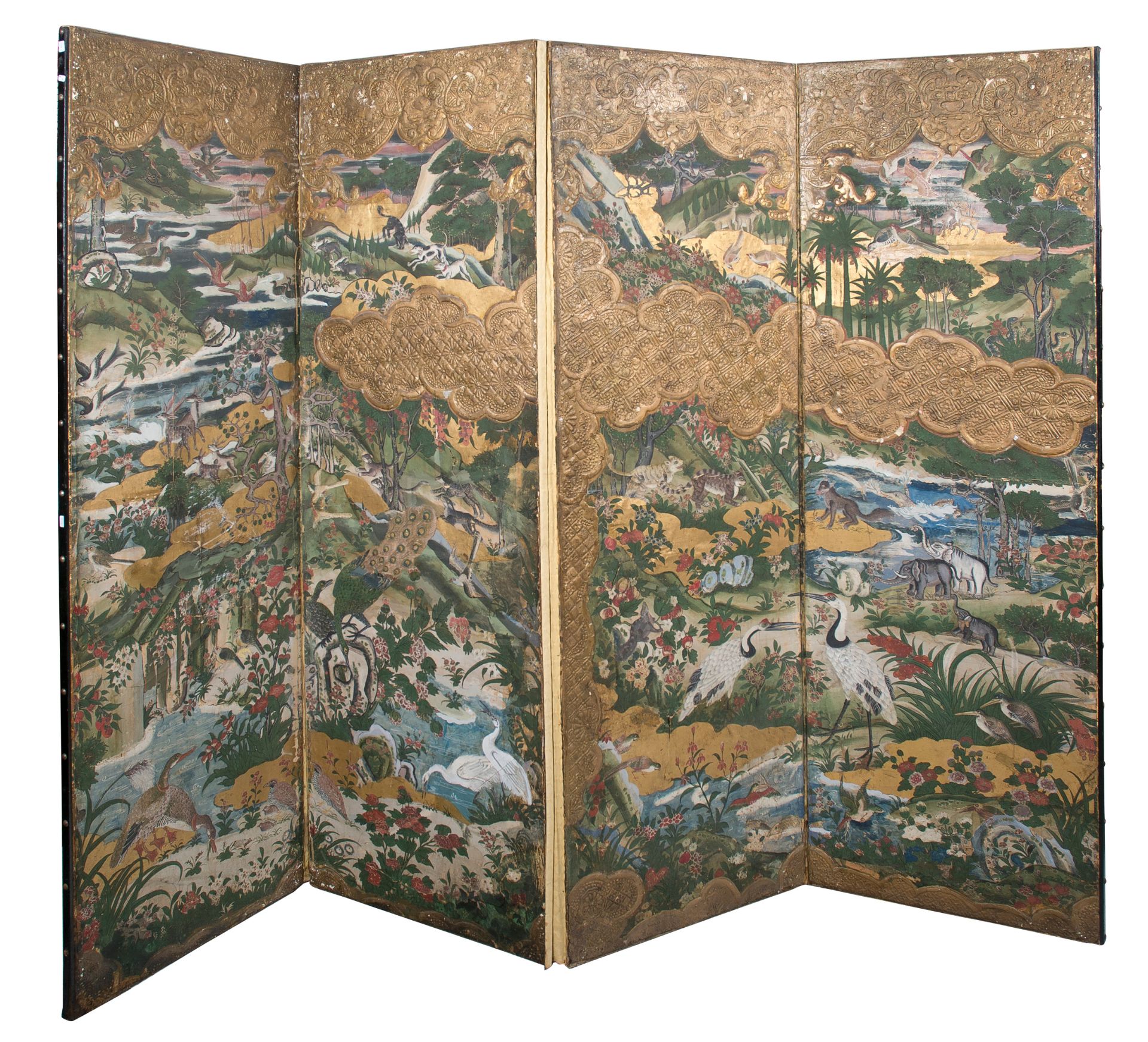 Pair of room dividers in painted paper on fabric, mixed media, gilt and gold goffering. Colonial - Bild 2 aus 25