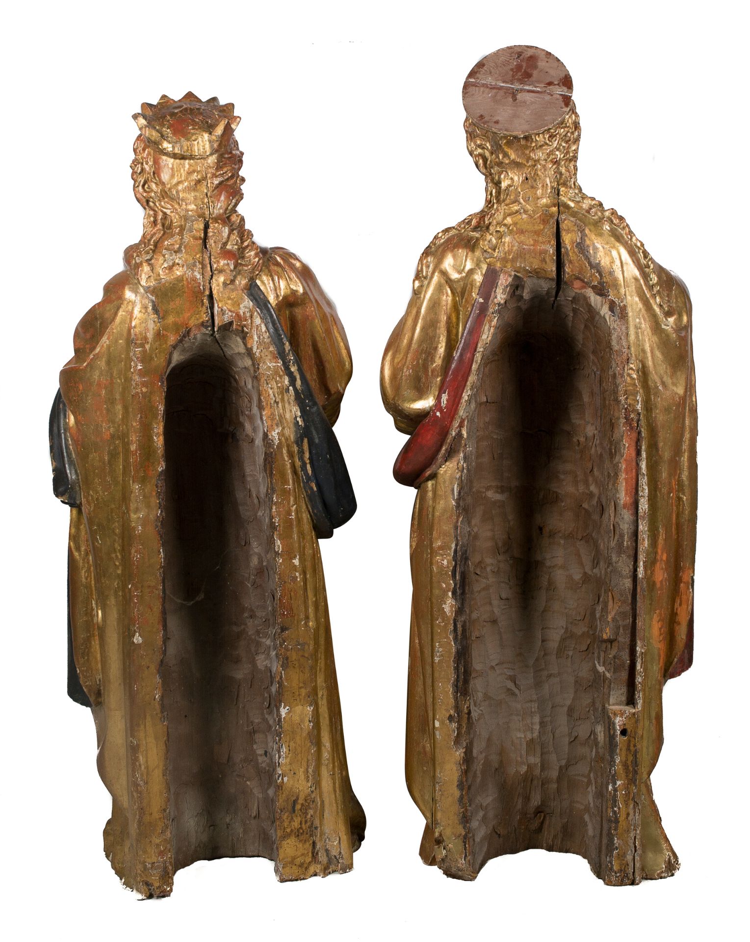 "Saints". Pair of large, carved, polychromed and gilded wooden sculptures. Colonial School. Peru. - Image 8 of 8