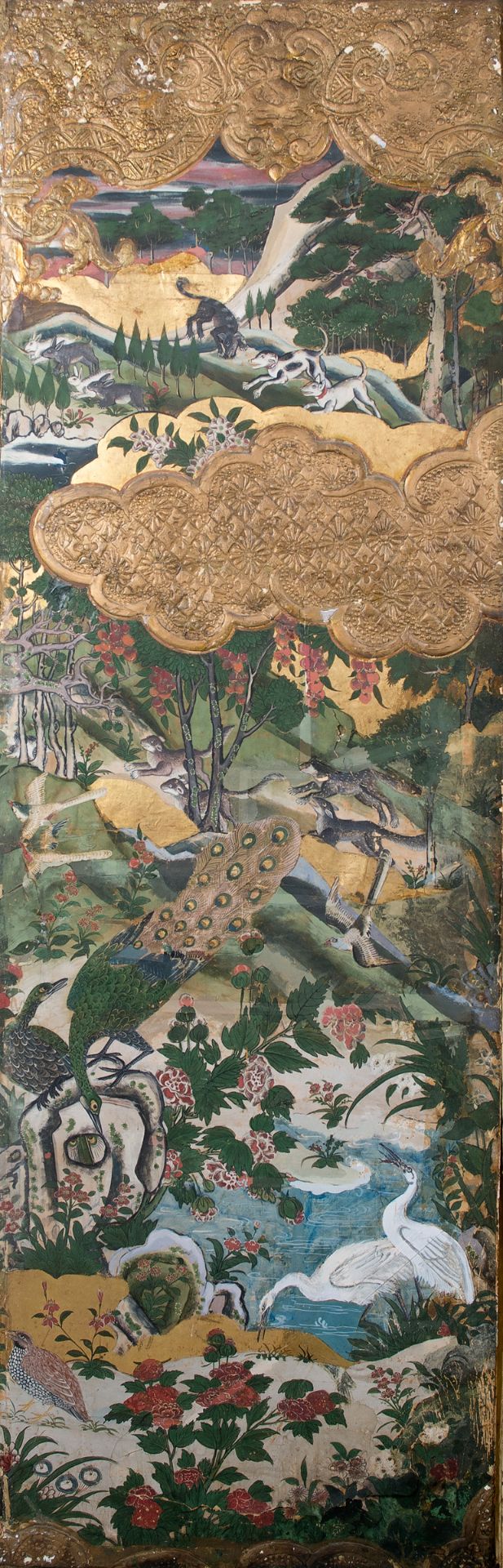 Pair of room dividers in painted paper on fabric, mixed media, gilt and gold goffering. Colonial - Bild 6 aus 25