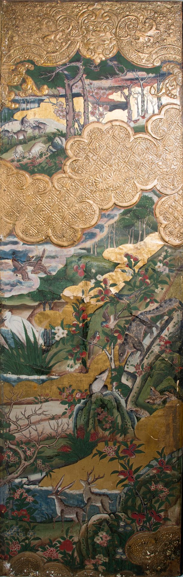 Pair of room dividers in painted paper on fabric, mixed media, gilt and gold goffering. Colonial - Bild 12 aus 25