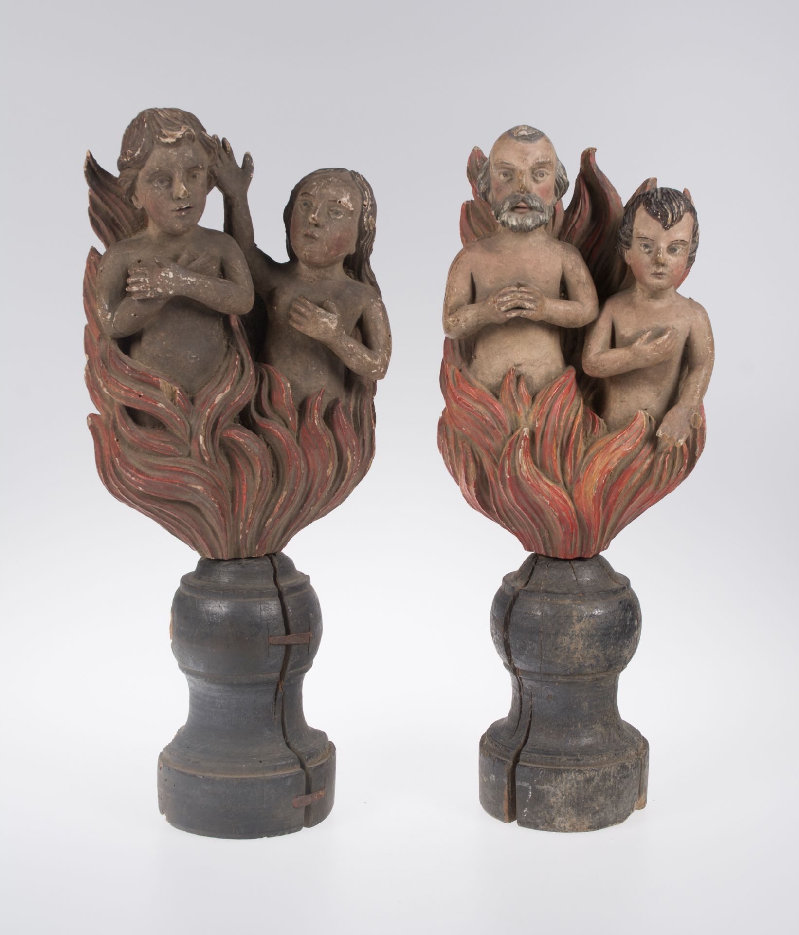"Souls in Purgatory". Pair of carved and polychromed wooden sculptures. 17th century.