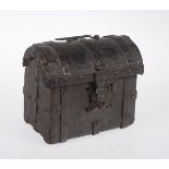 Wooden chest covered in embossed and engraved leather, with iron fittings. Gothic. 15th century.