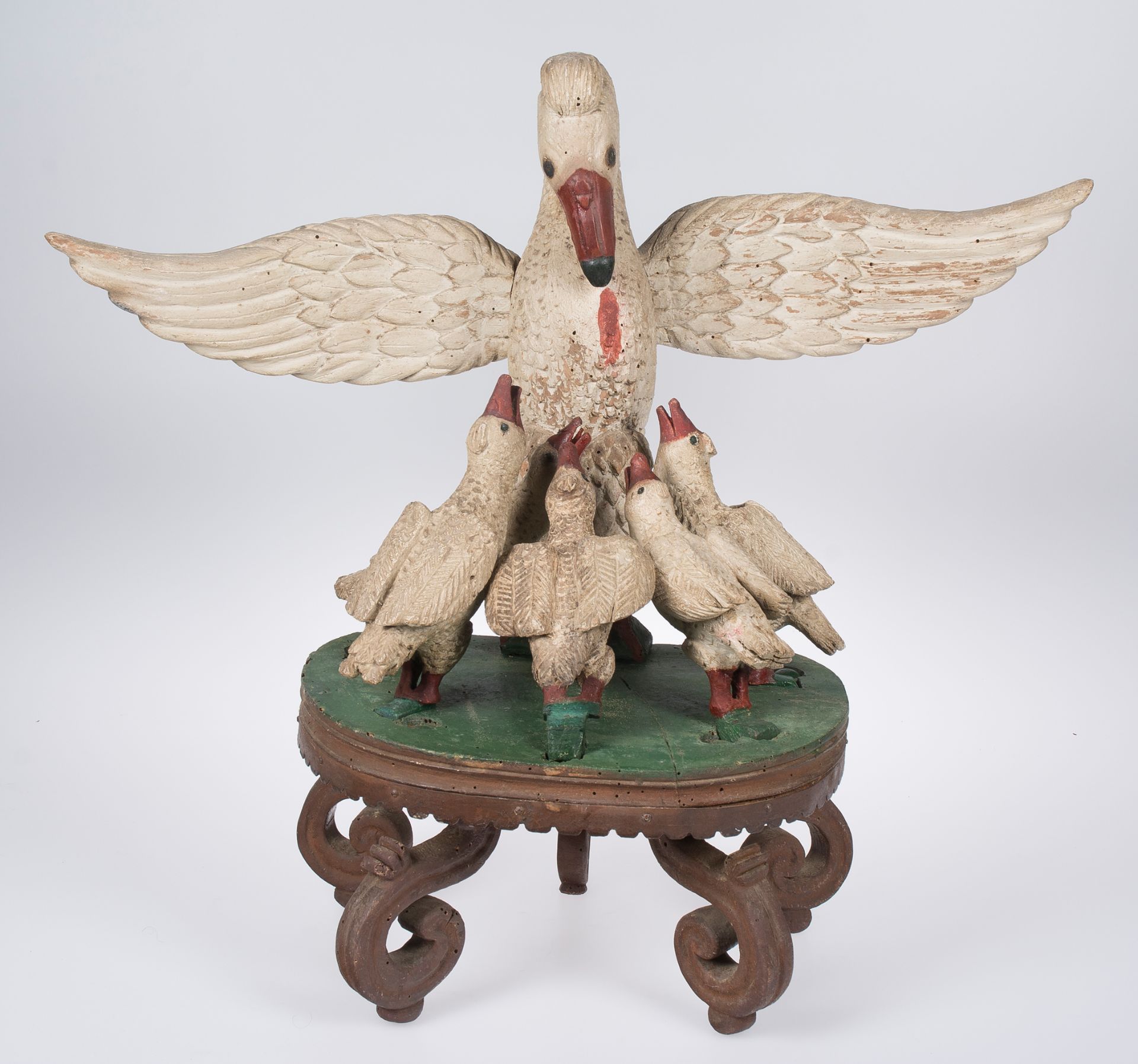 "Eucharist pelican". Carved and polychromed wooden sculptural group. Colonial School. 17th century