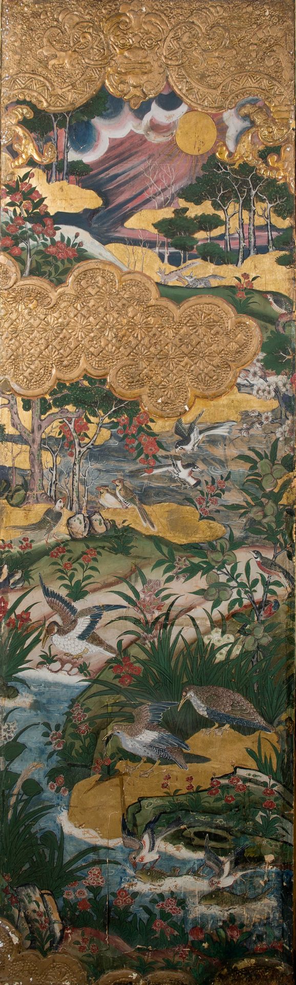 Pair of room dividers in painted paper on fabric, mixed media, gilt and gold goffering. Colonial - Bild 10 aus 25