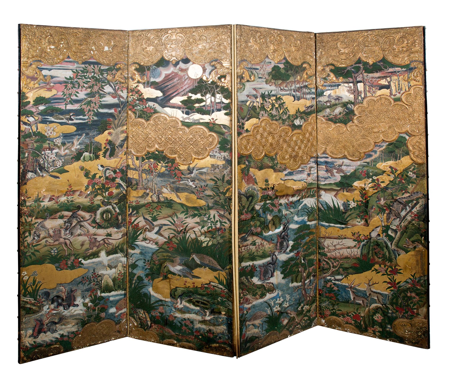 Pair of room dividers in painted paper on fabric, mixed media, gilt and gold goffering. Colonial