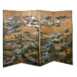 Pair of room dividers in painted paper on fabric, mixed media, gilt and gold goffering. Colonial