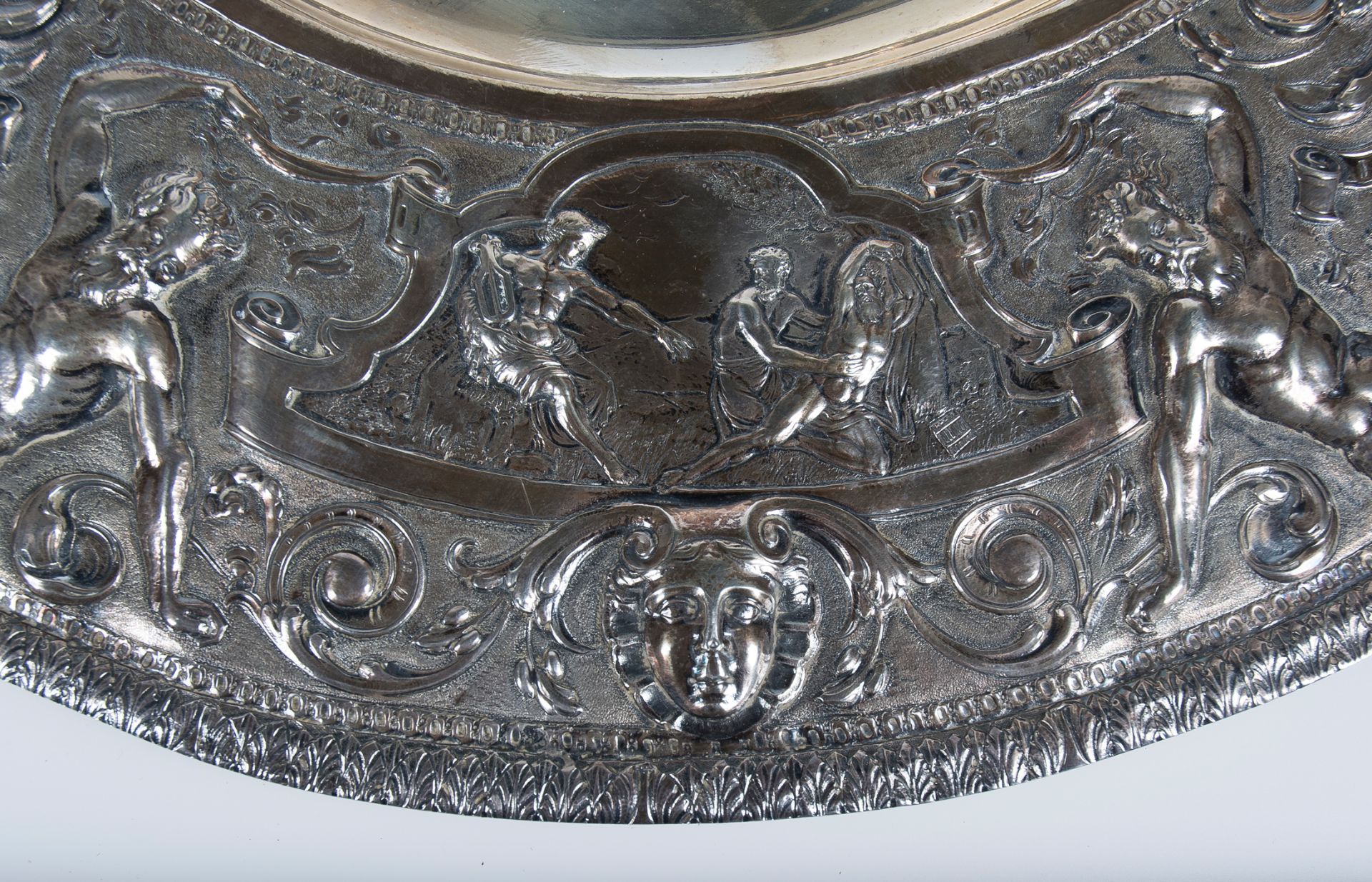 Large, embossed and chased silver plate. 19th century. - Image 4 of 7