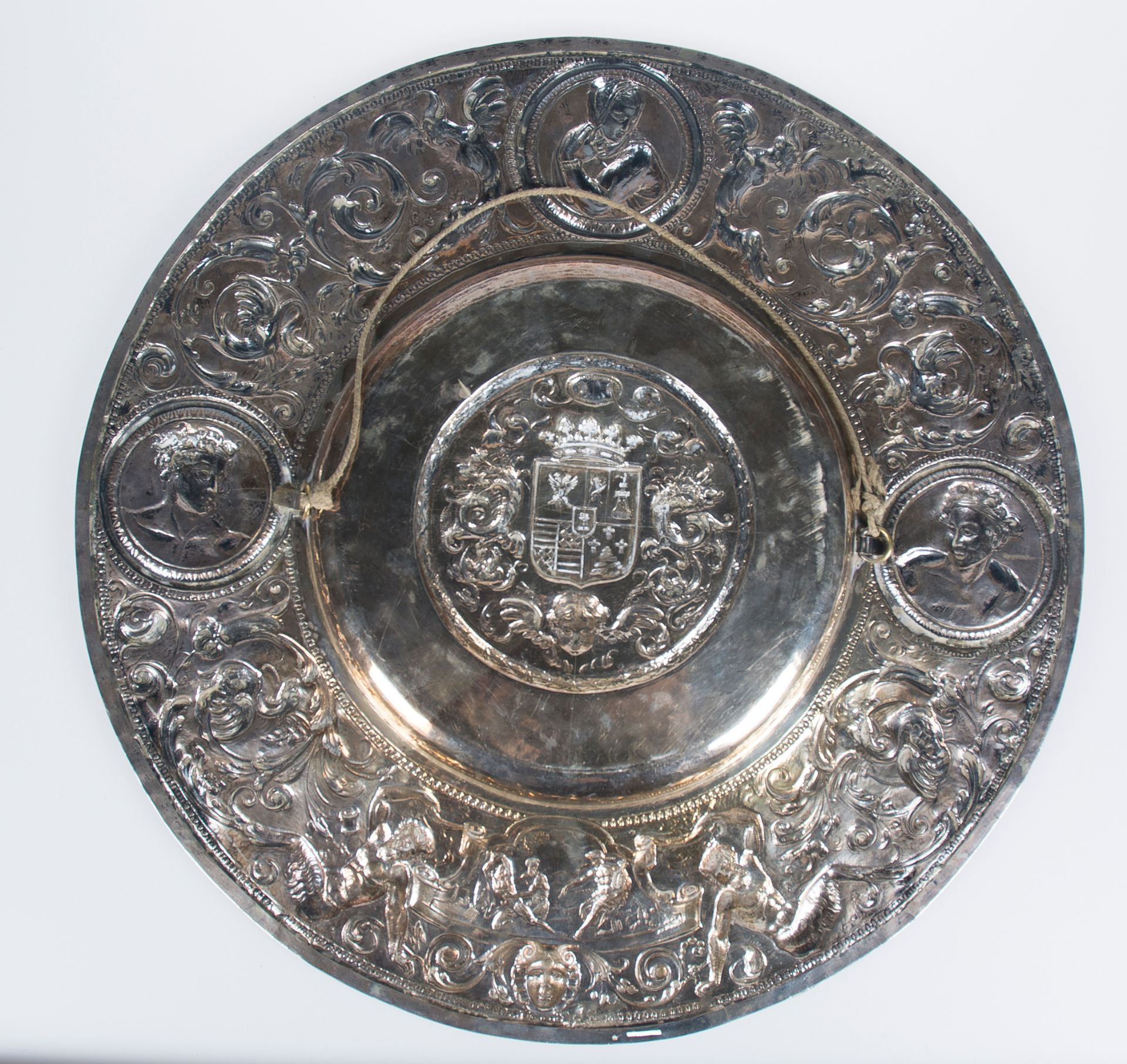 Large, embossed and chased silver plate. 19th century. - Image 6 of 7