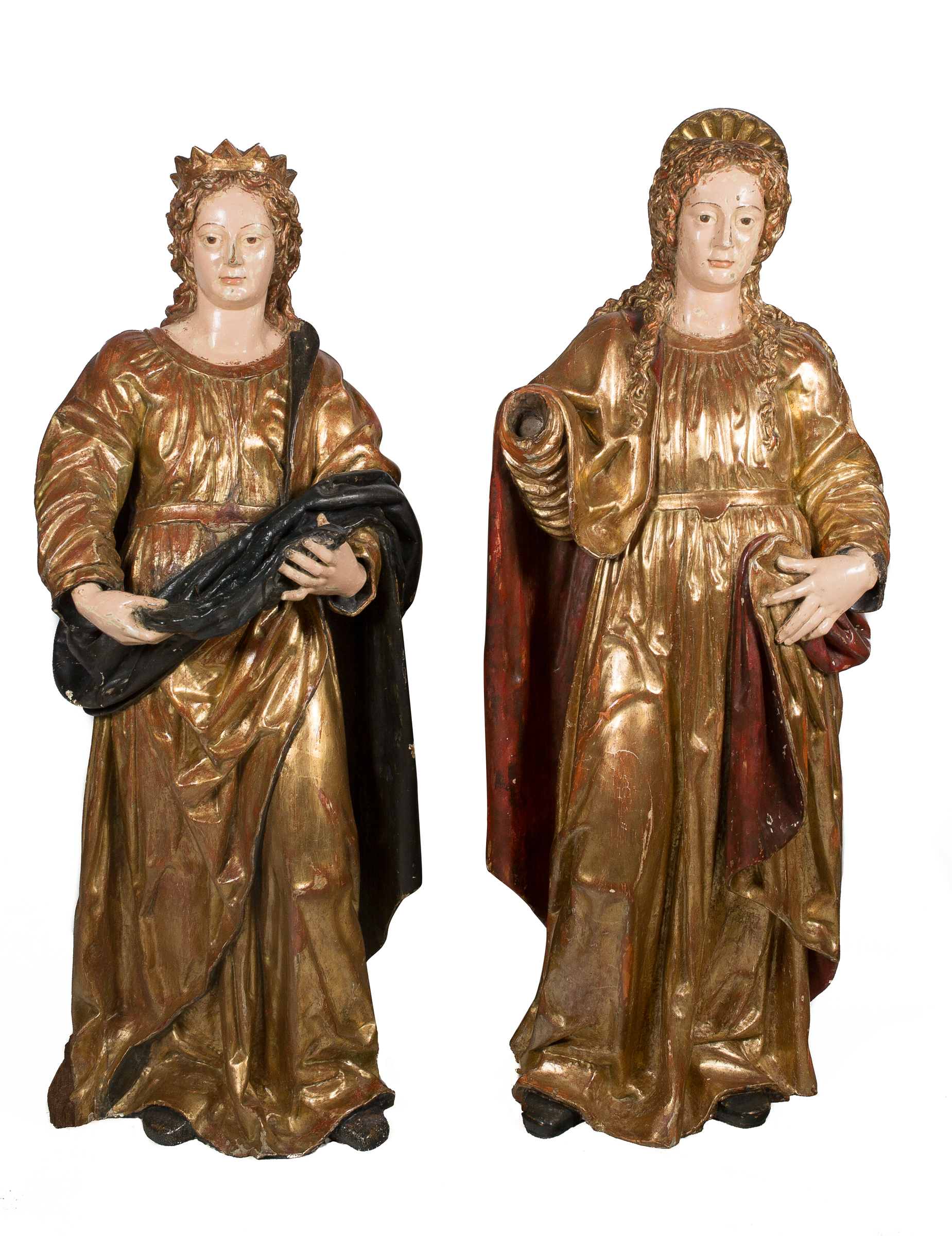 "Saints". Pair of large, carved, polychromed and gilded wooden sculptures. Colonial School. Peru.