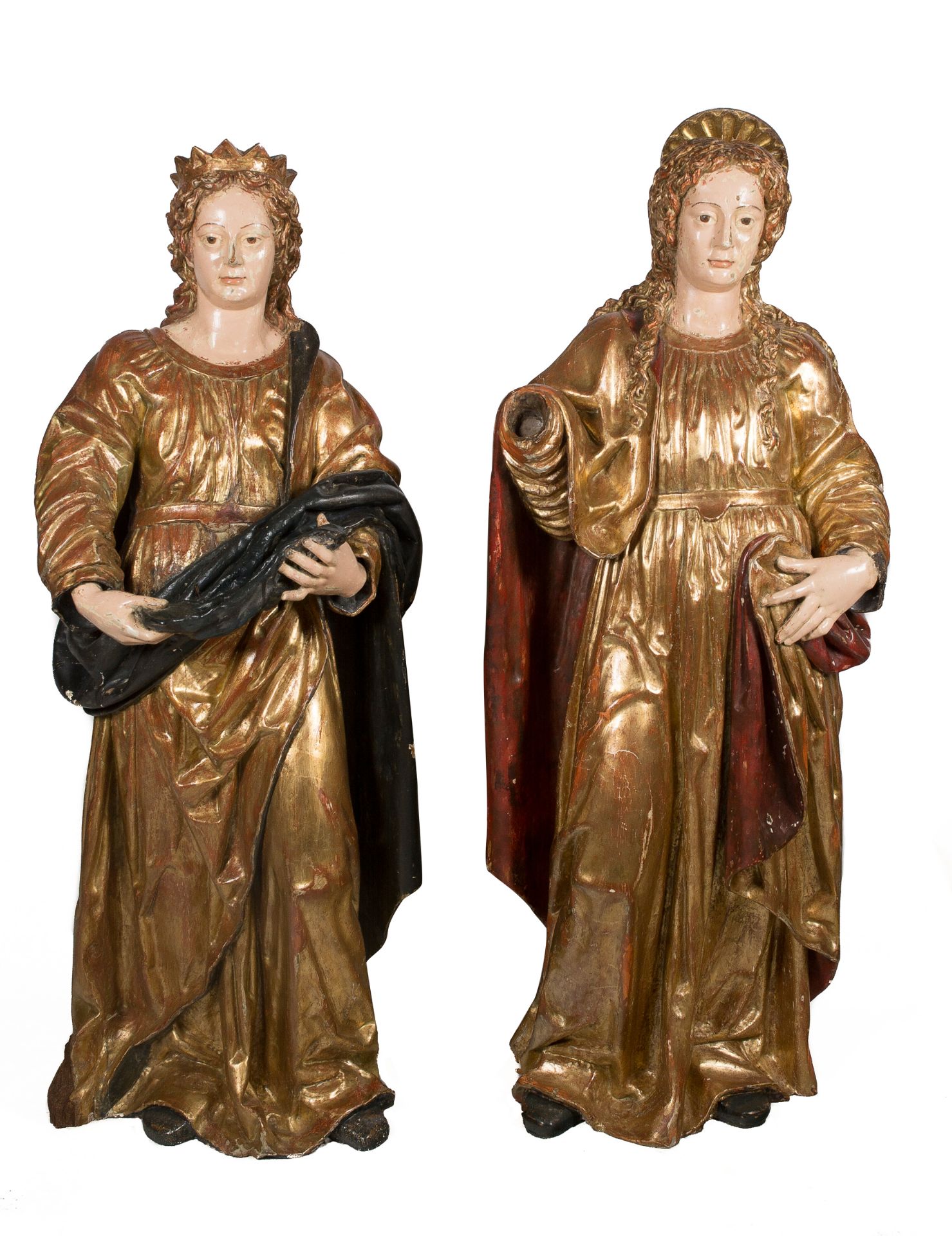 "Saints". Pair of large, carved, polychromed and gilded wooden sculptures. Colonial School. Peru.