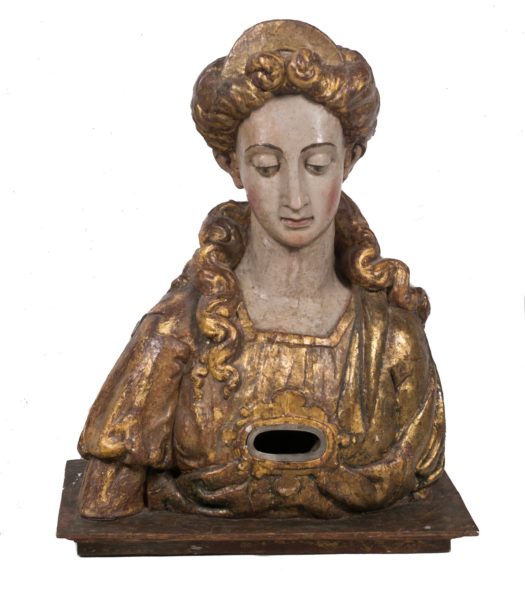 Carved, gilded and polychromed wooden reliquary. 16th century.