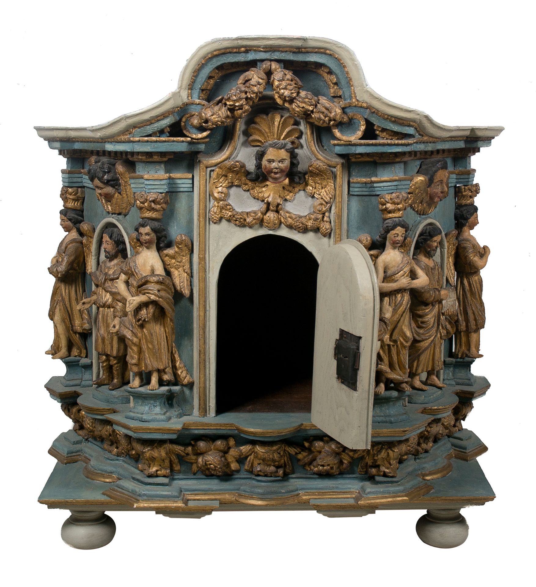 Carved, gilded and polychromed wooden tabernacle. Baroque. 17th century. - Bild 2 aus 5