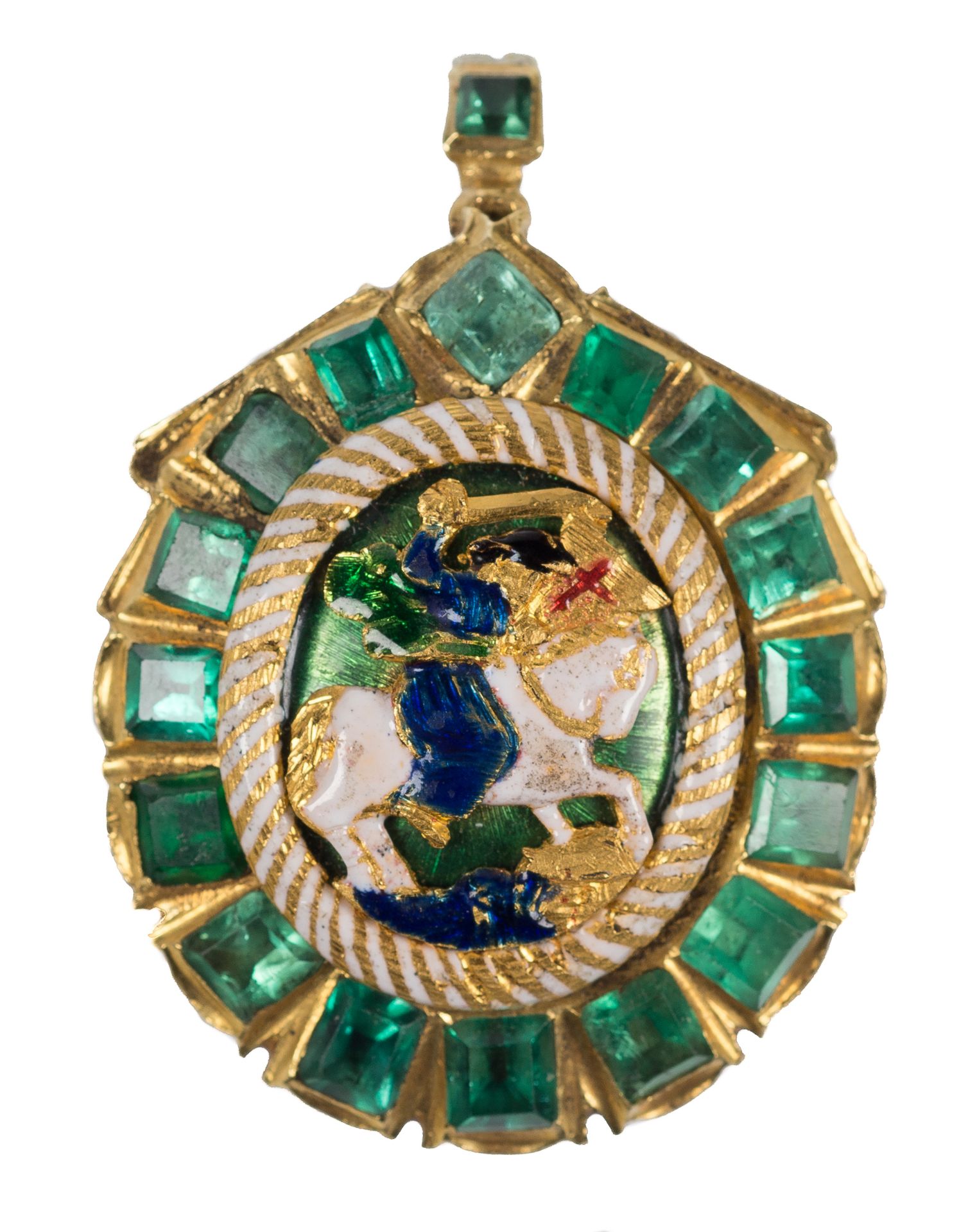 Large, gold reliquary pendant with emeralds and enamel. 17th century.