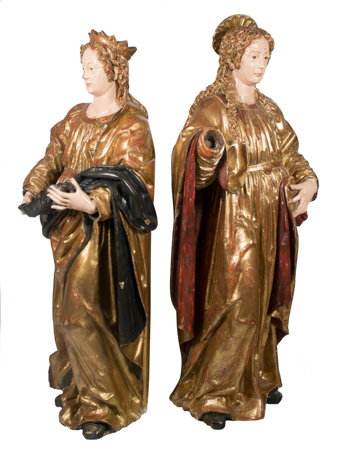 "Saints". Pair of large, carved, polychromed and gilded wooden sculptures. Colonial School. Peru. - Image 7 of 8