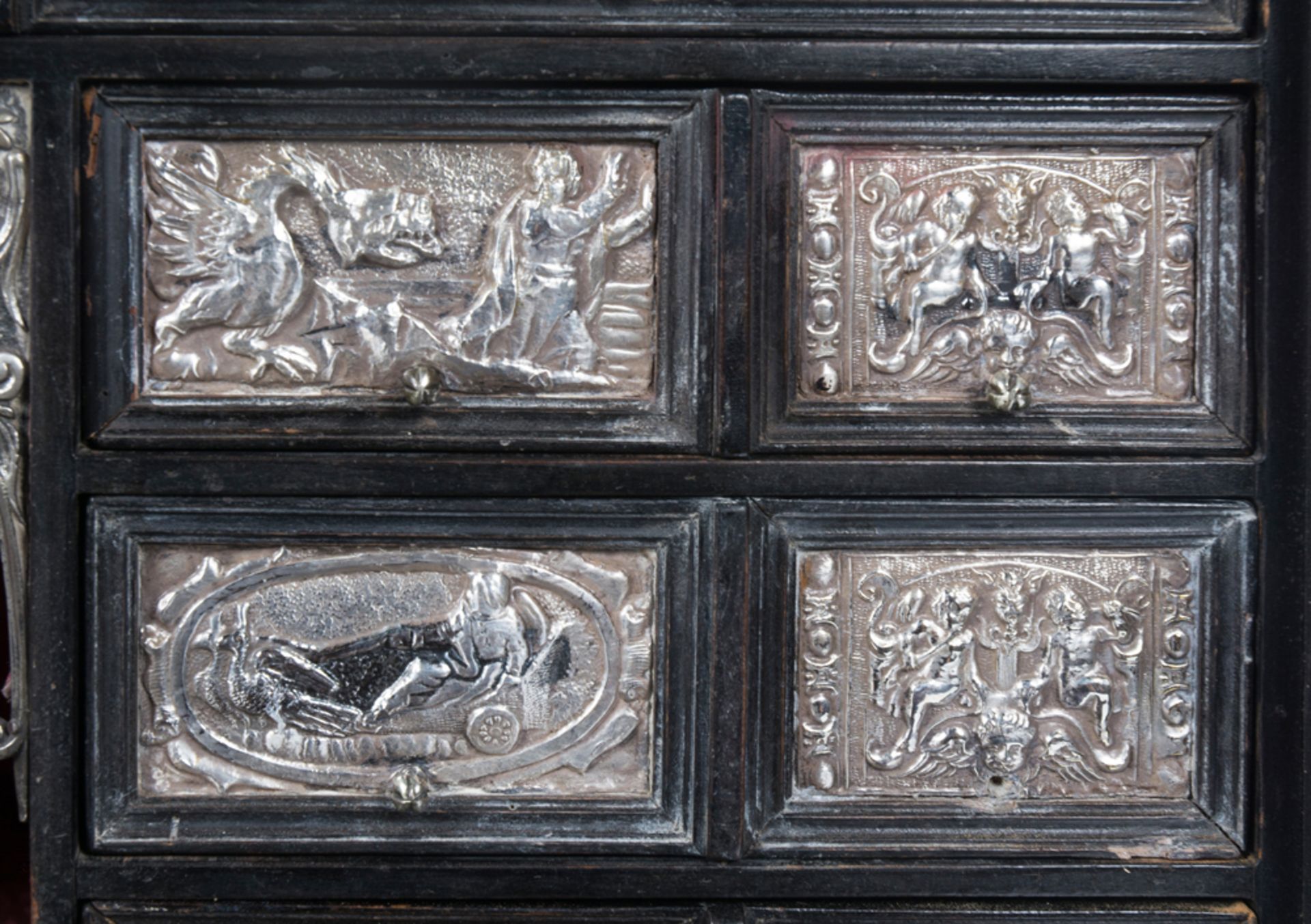 Velvet-covered wooden bargueño desk, with silver and gilded bronze fittings. Colonial or Spanish Sc - Image 7 of 9