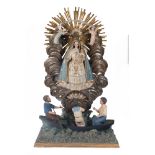 "Our Lady of Charity". Carved, gilded and polychromed wooden sculptural group. Colonial School. Cir