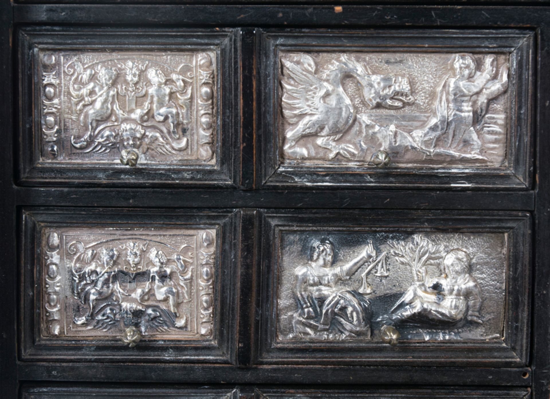 Velvet-covered wooden bargueño desk, with silver and gilded bronze fittings. Colonial or Spanish Sc - Image 8 of 9