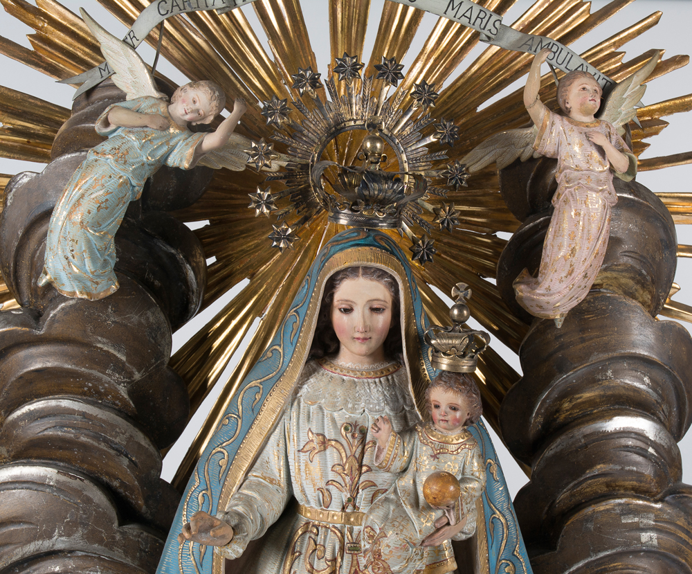 "Our Lady of Charity". Carved, gilded and polychromed wooden sculptural group. Colonial School. Cir - Image 2 of 10