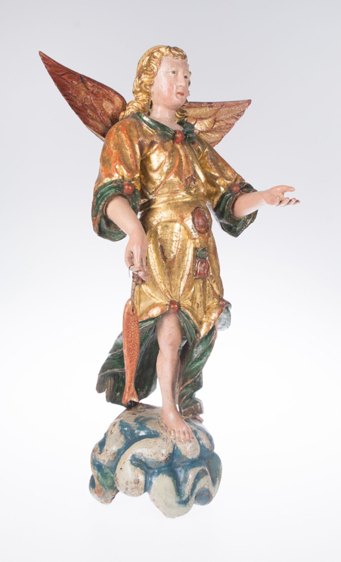 "Archangel Saint Raphael". Carved, gilded and polychromed wooden sculpture. 16th century. - Bild 3 aus 6
