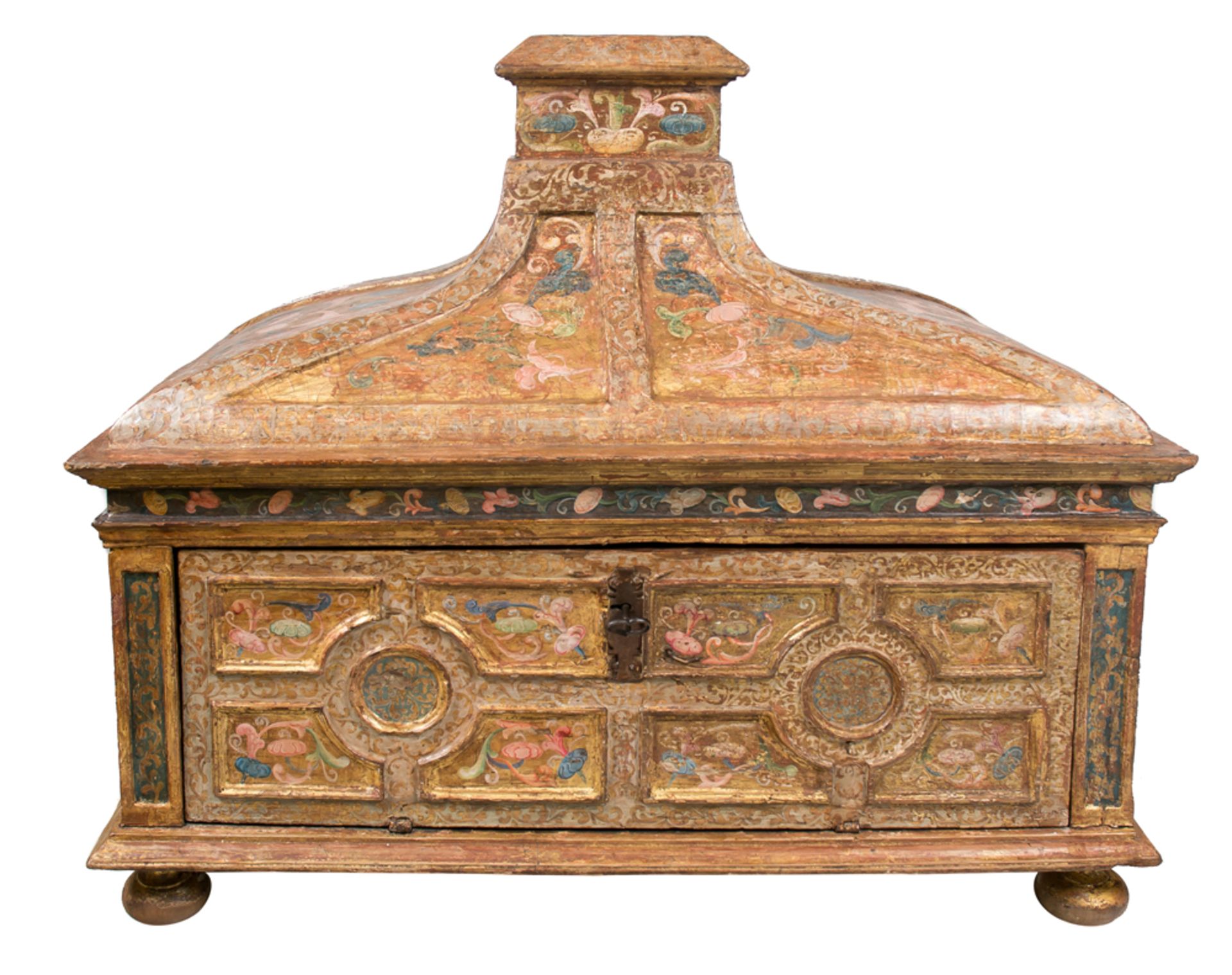 Large, carved, gilded and polychromed wooden eucharist chest. Renaissance. 16th century. - Bild 3 aus 6