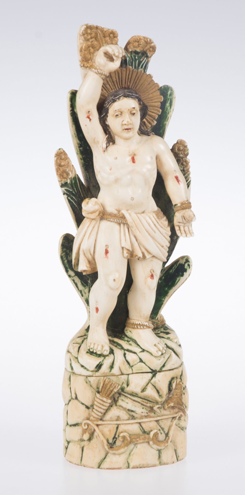 "Saint Sebastian". Sculpted and polychromed ivory figure. Indo-Portuguese School. 18th century.