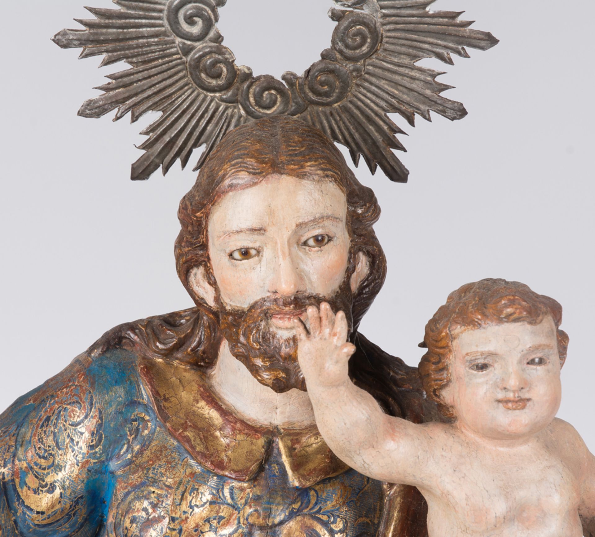 "Saint Joseph with the Christ Child". Carved, gilded and polychromed wooden sculpture. Spanish Scho - Image 4 of 6