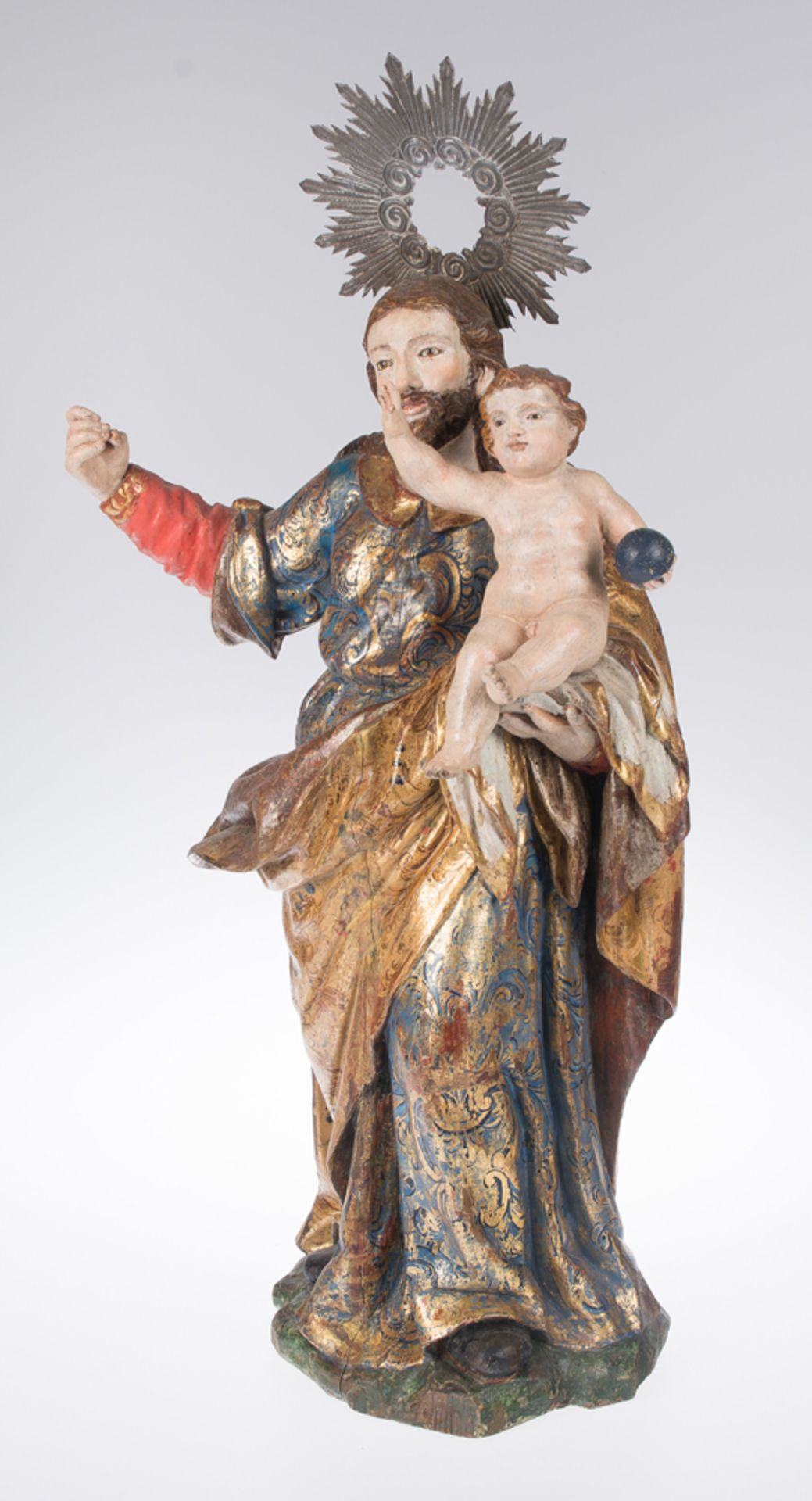 "Saint Joseph with the Christ Child". Carved, gilded and polychromed wooden sculpture. Spanish Scho - Image 2 of 6