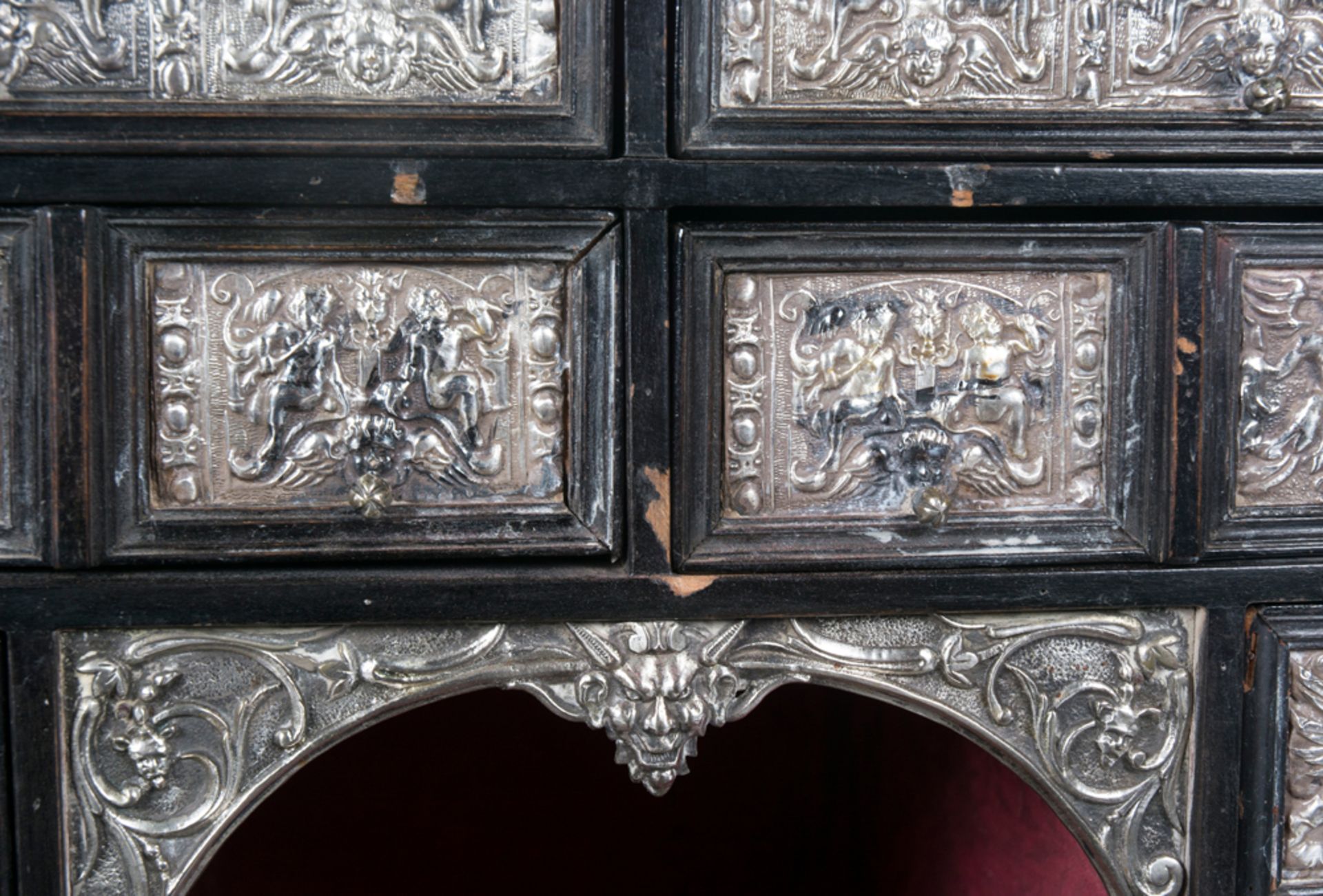 Velvet-covered wooden bargueño desk, with silver and gilded bronze fittings. Colonial or Spanish Sc - Image 6 of 9