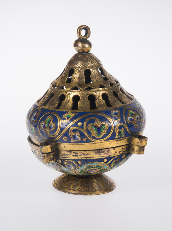 Gilded copper censer with champlevé enamels. Limoges. France. Gilded copper censer with champlevé