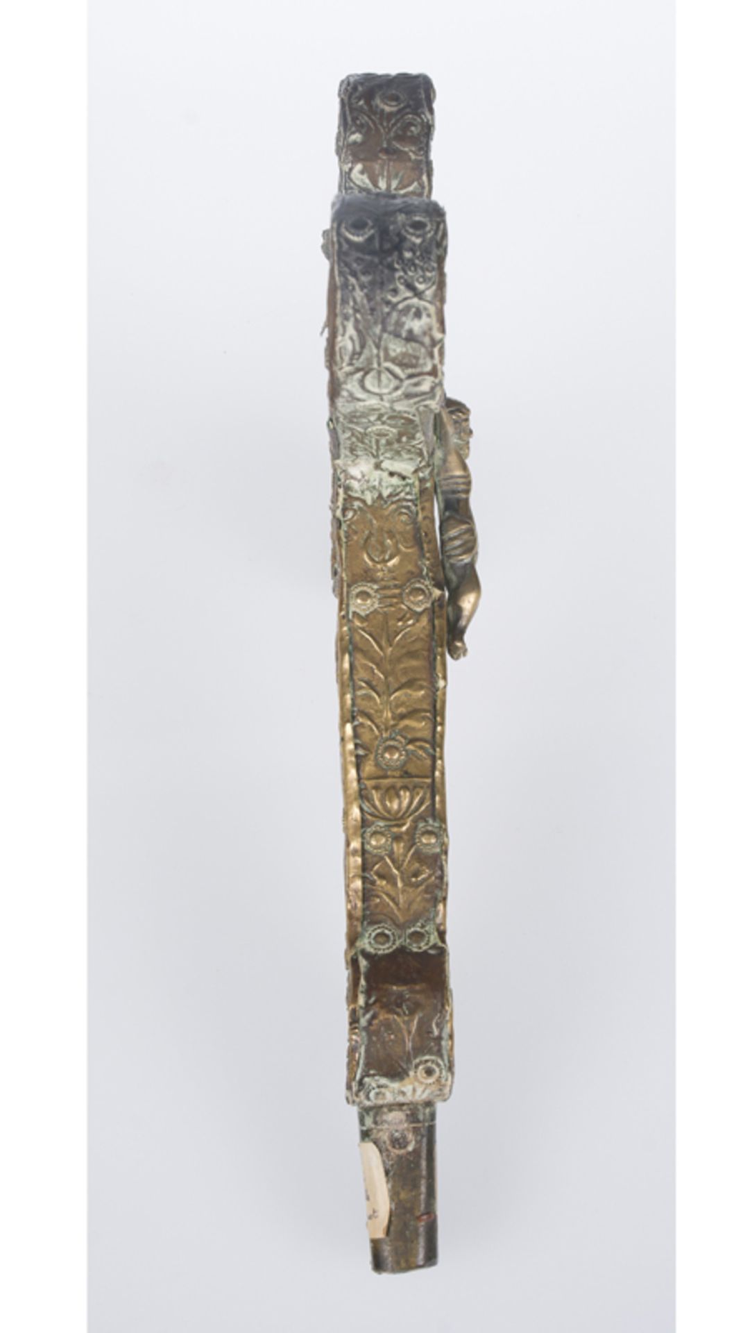 Embossed and hammered gilded copper processional cross, with an appliqué figure of Christ. La - Image 8 of 9
