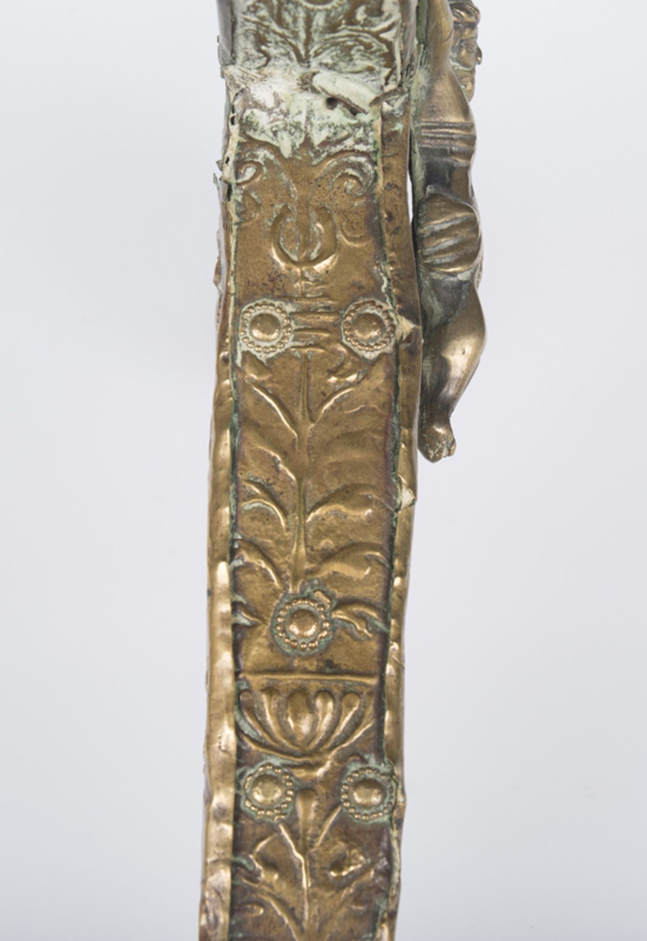 Embossed and hammered gilded copper processional cross, with an appliqué figure of Christ. La - Image 9 of 9