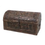 Wooden chest covered in embossed leather. Colonial School. Peru. 18th centuryWooden chest covered in