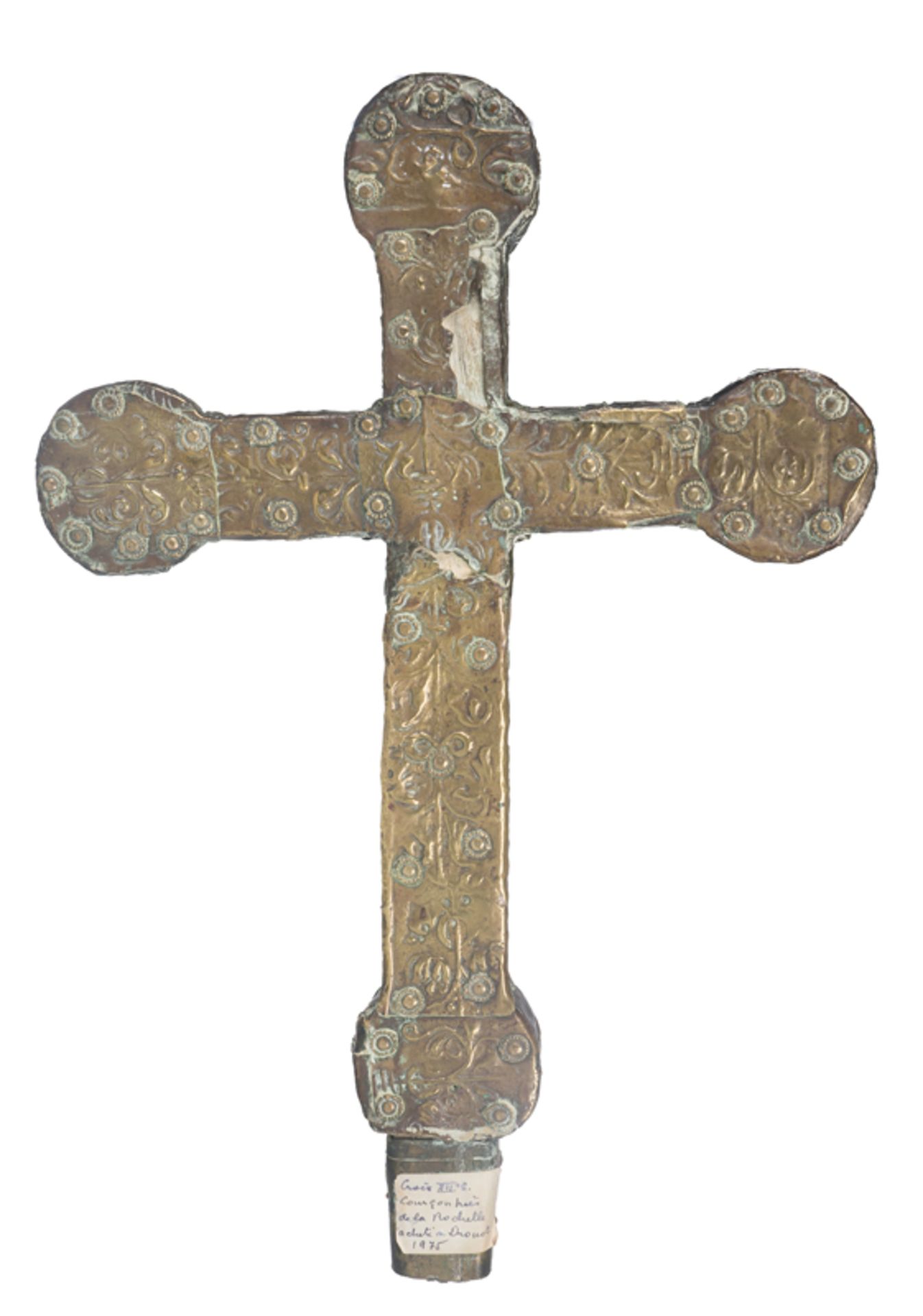 Embossed and hammered gilded copper processional cross, with an appliqué figure of Christ. La - Image 7 of 9