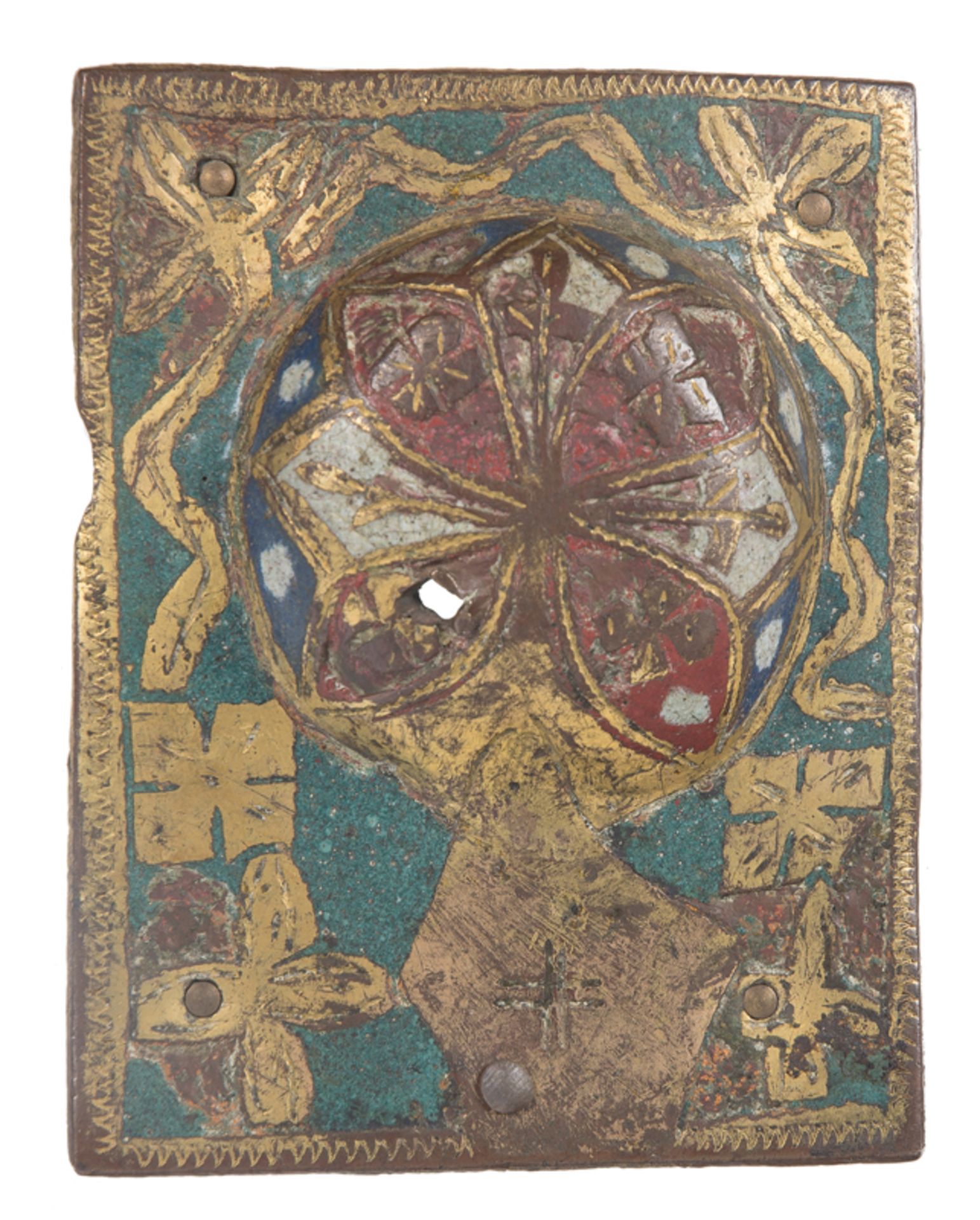 Gilded copper ornamental plaque, decorated with champlevé enamel in lapis lazuli, blue, green, white