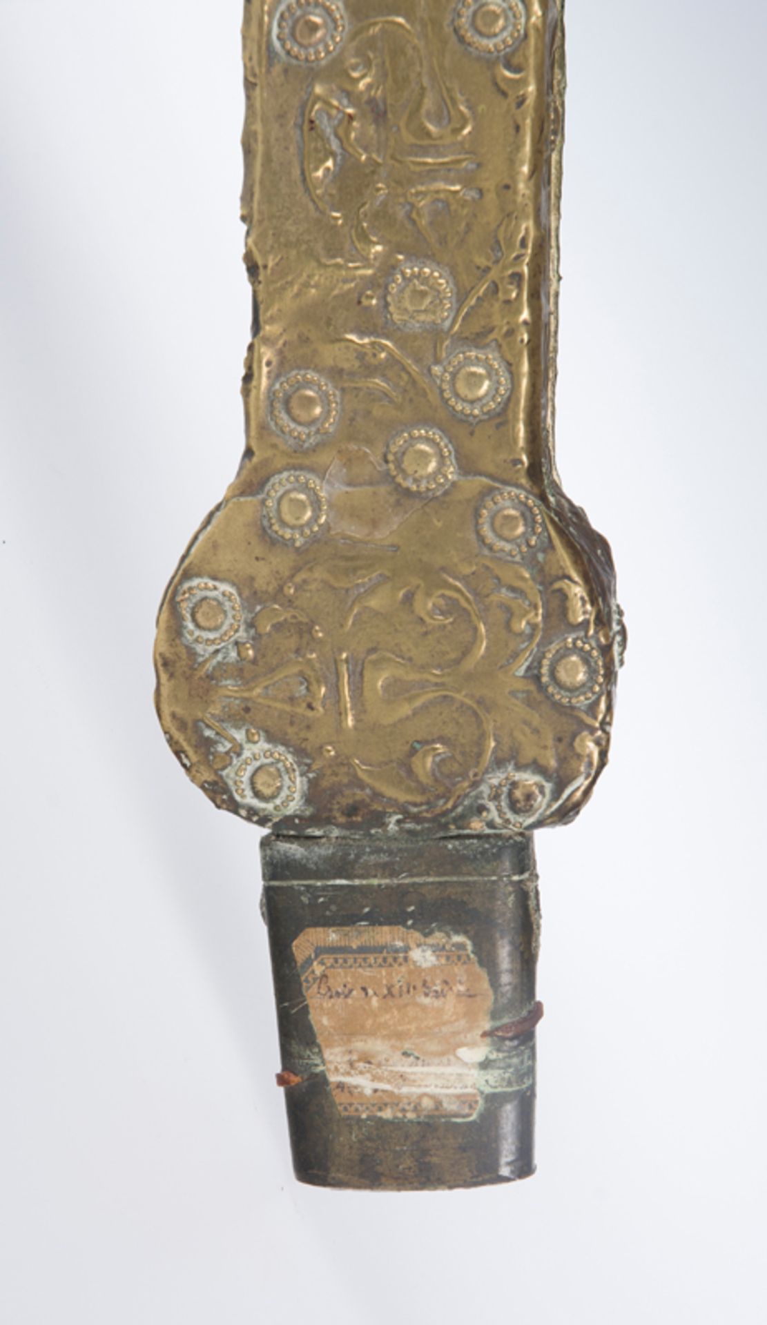 Embossed and hammered gilded copper processional cross, with an appliqué figure of Christ. La - Image 6 of 9