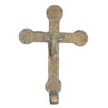 Embossed and hammered gilded copper processional cross, with an appliqué figure of Christ. La