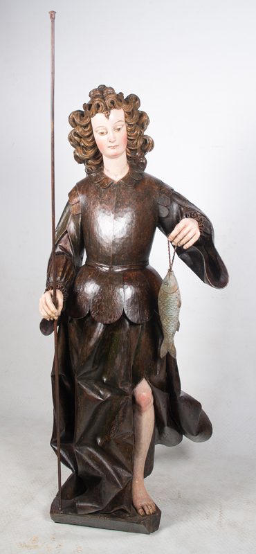 "Archangel Saint Raphael". Large carved and polychromed wooden sculpture. Colonial. 17th century. - Image 5 of 6