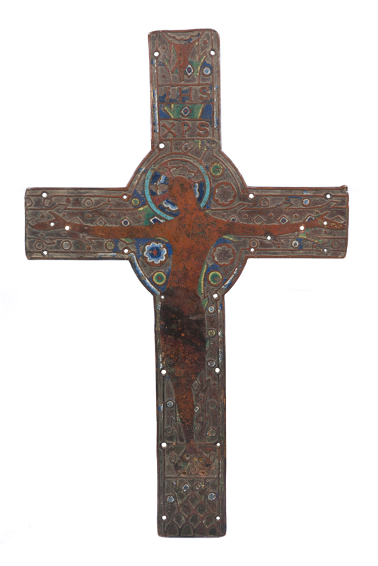 A large chased, engraved and gilded copper cross with champlevé enamel. Limoges. France. Romanesque.