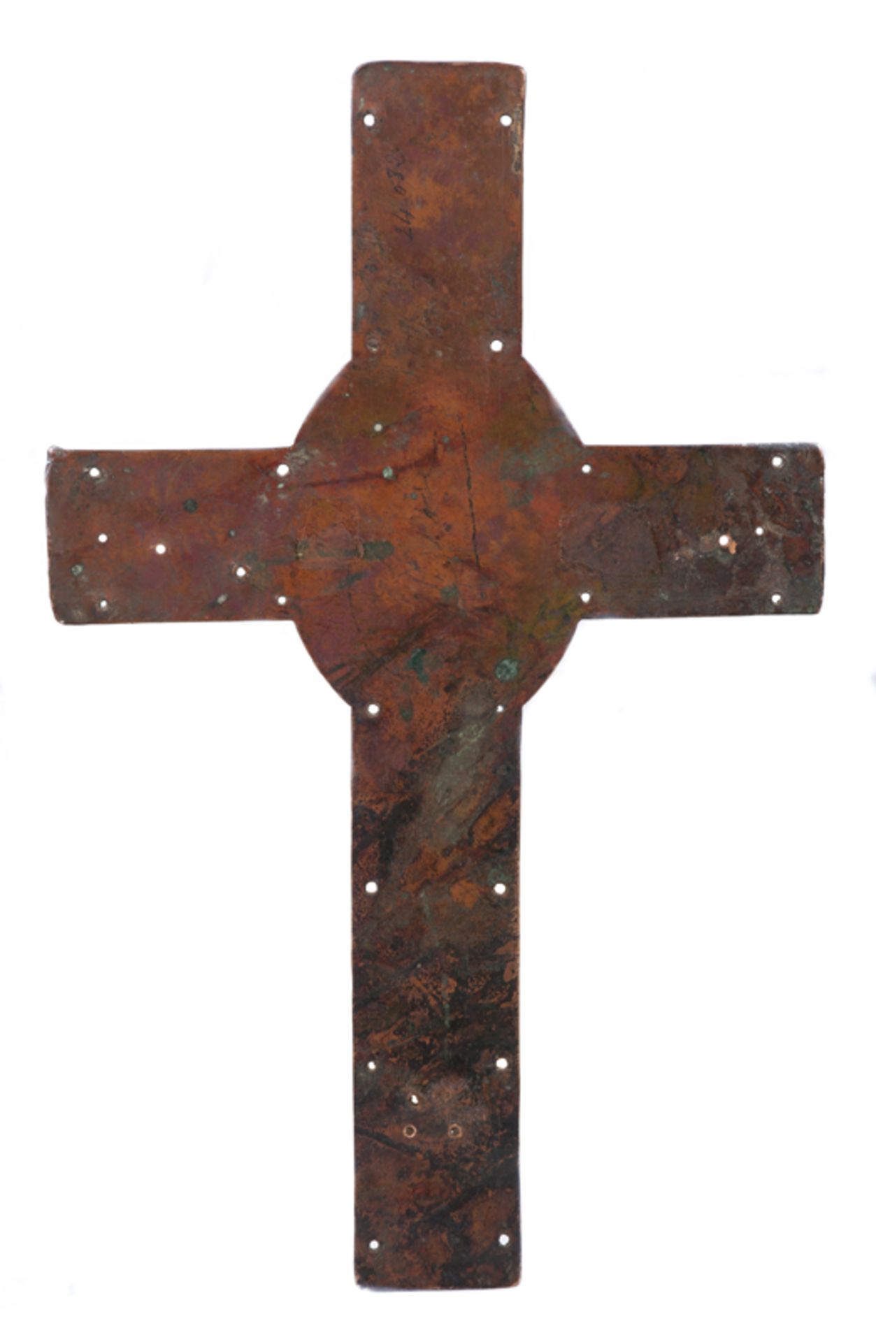 A large chased, engraved and gilded copper cross with champlevé enamel. Limoges. France. Romanesque. - Image 5 of 5