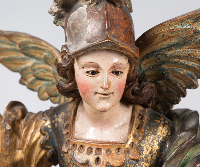 "Archangel". Carved, polychromed and gilded wooden sculpture. Colonial School. Possibly Peru. 17th - Image 7 of 8