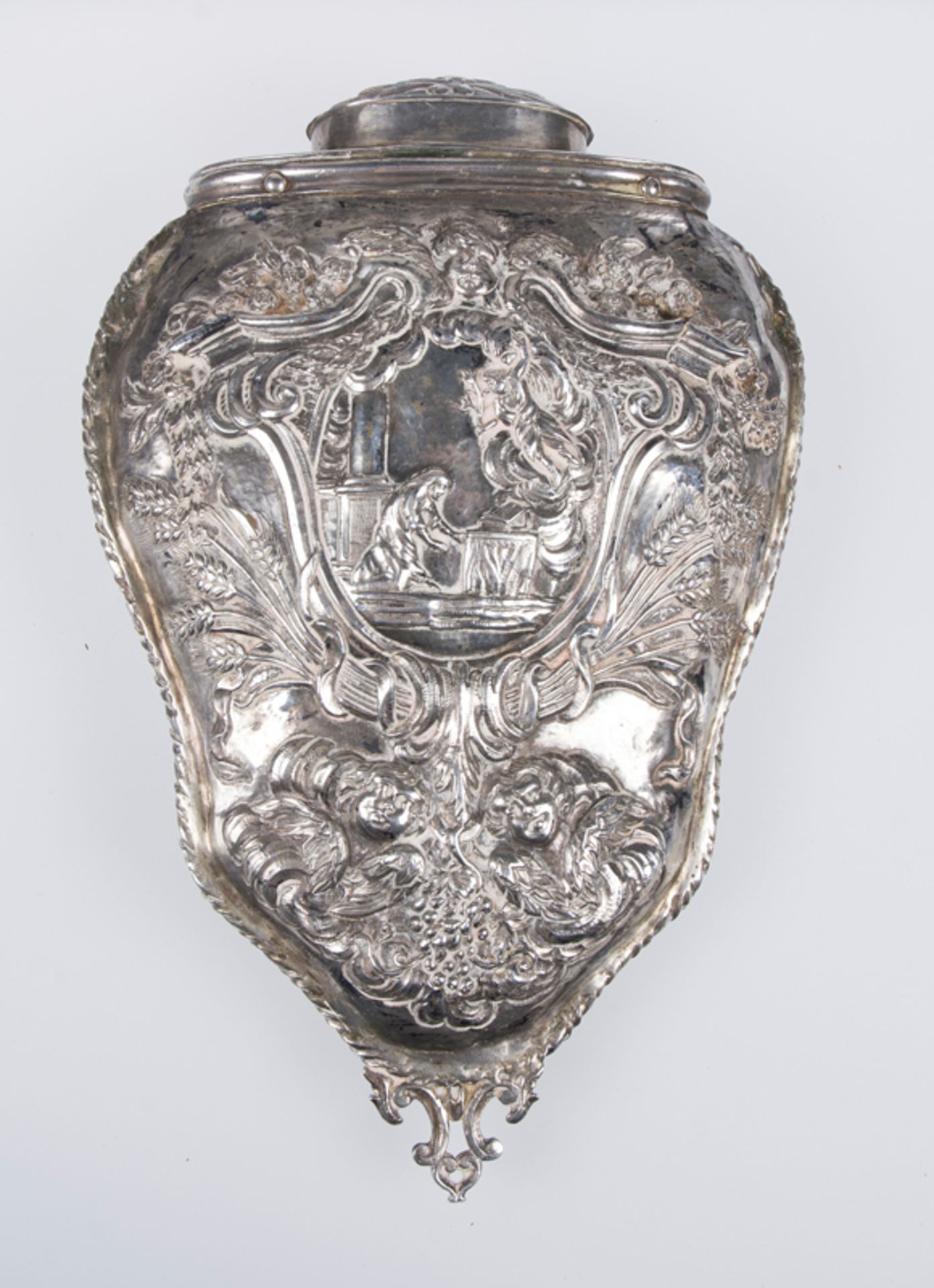 Embossed silver home stoup. Colonial work. Mexico or Peru. 18th century.Embossed silver home